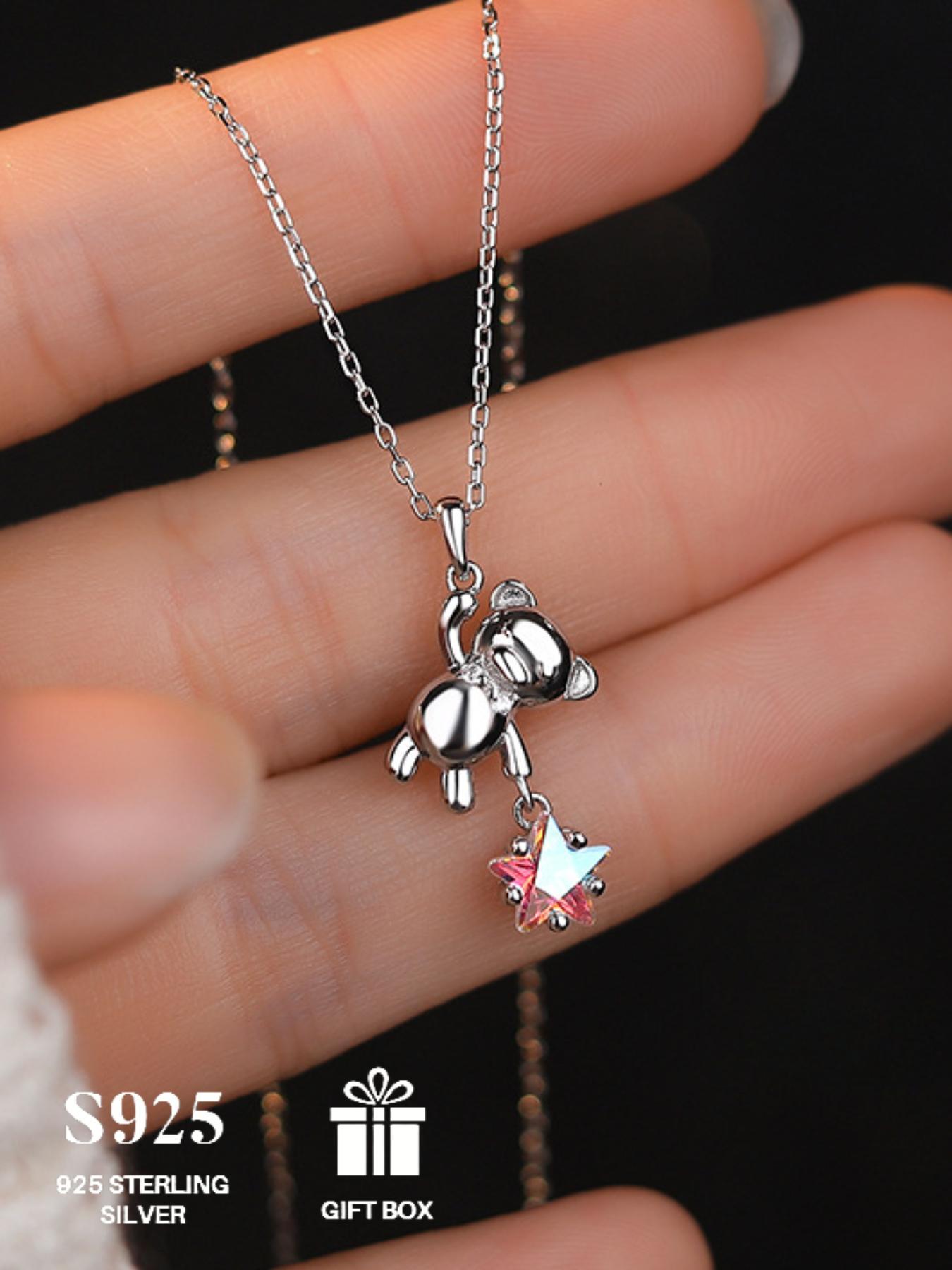 S925 Sterling Silver Cute Bear & Star Design Pendant Necklace, Artificial Zircon Decor Necklace for Women & Girls, Fashion Jewelry for Party, Daily Decor, Exquisite Jewelry for Birthday Gift