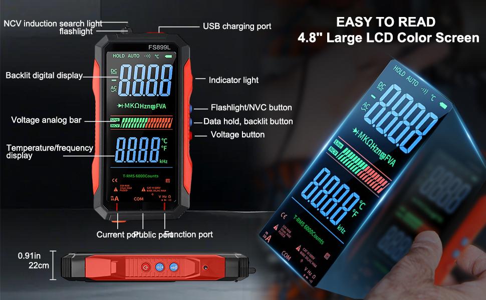 FS899L Multimeter with Color Screen, USB C Testing, 6000 Counts True RMS AC/DC Voltage Tester, NCV, Capacitance, Non Voltage Detector for Car, Home(FS899L)