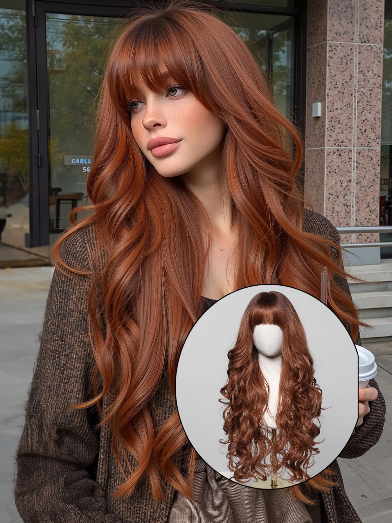 30-Inch Red Brown Copper Ginger Wavy Hair Wig with Bangs, Synthetic Heat-Resistant Wig for Women, Daily Use, Cosplay, Party, Christmas