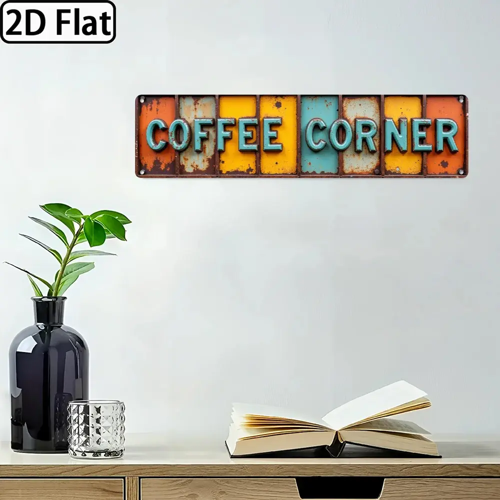 2D Flat Vintage Rectangle Heavy-Gauge Tin Coffee Corner Metal Sign, 4x16 Inches Rustic Aluminium Wall Art with Colorful Stripes, Pre-Drilled Holes Durable Home Bar Decor, Ideal Gift for Coffee Lovers