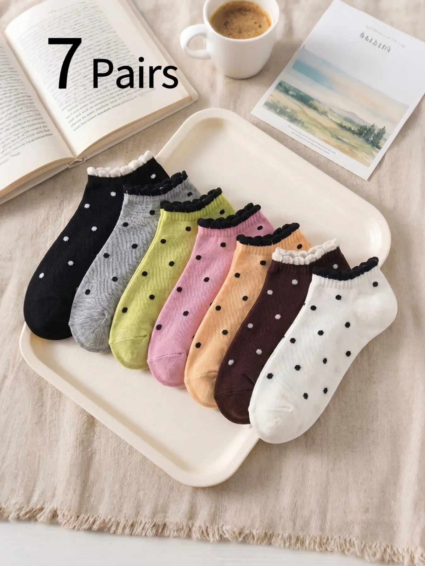 7 Pairs Women's Polka Dot Bubble Toe Socks, Spring Summer Cartoon Print Ankle Socks, Casual Fitted Crew Socks for Teens and Students
