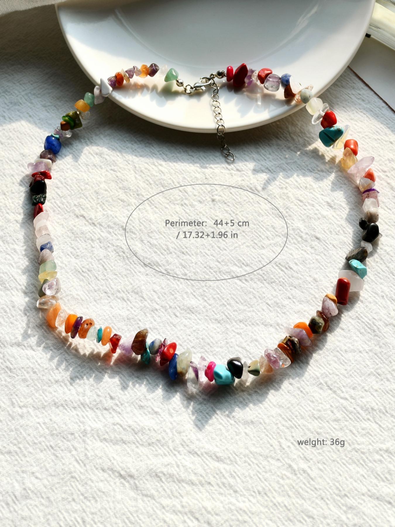 Random Pattern Artificial Gemstone Decor Beaded Necklace (1 Piece), Boho Style Jewelry For Women & Men, Fashion Accessories For Party, Daily Clothing Decor, Trendy Charms Necklace