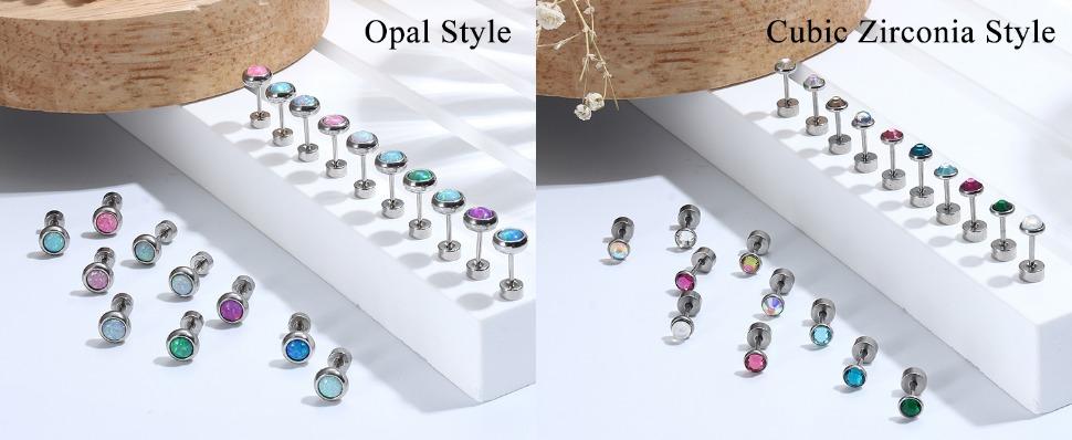 FIBO STEEL 10 Pairs Flat Back Earrings Set for Women Men 316L Surgical Steel Stud Earring Cubic Zirconia Opal 20G Cartilage Earring Piercing Jewelry Hypoallergenic Sturdy Long Color Retention