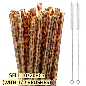10/20PCS Reusable Leopard Print PP Drinking Straws Set (with 1/2 Brushes), 9-Inch Straws, Durable Easy-to-Clean Smooth-Edge Design for Iced Coffee, Juice, Smoothies, Party & Home Daily Use, Bar Accessories