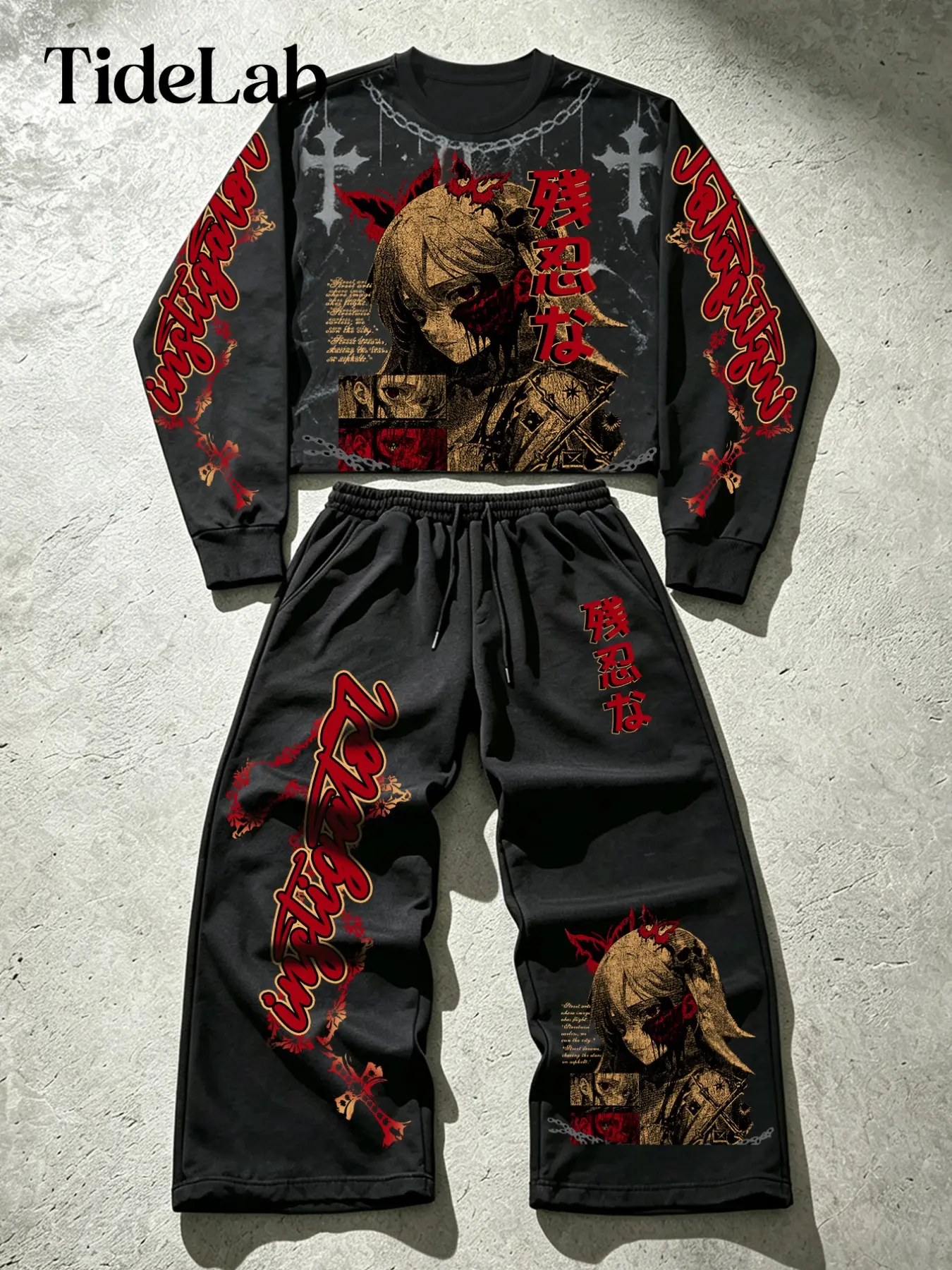 Unisex Dark Anime Print Short Top + Loose Fit Wide Leg Sweatpants Set, Comfortable Streetwear for Men & Women, Trendy Casual
