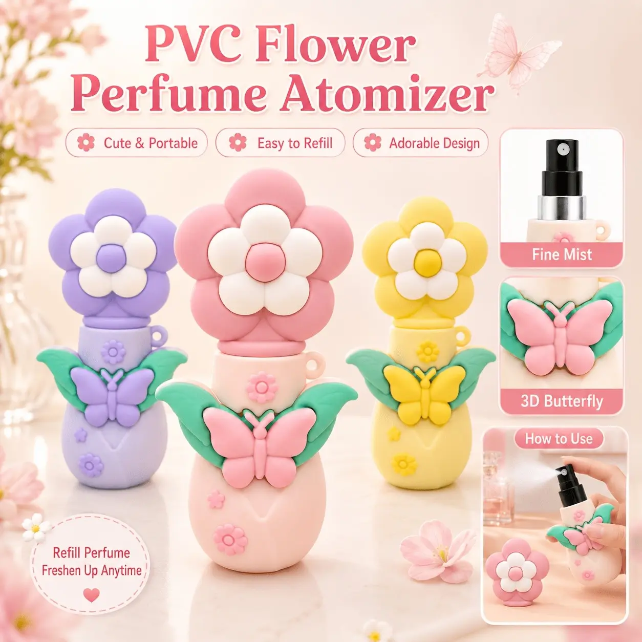 0.17oz Mini Perfume Spray Bottle, Refillable Travel Fragrance Sprayer, Butterfly and Leaf Design, Portable Empty Perfume Bottle, Ideal for Purses and Pockets