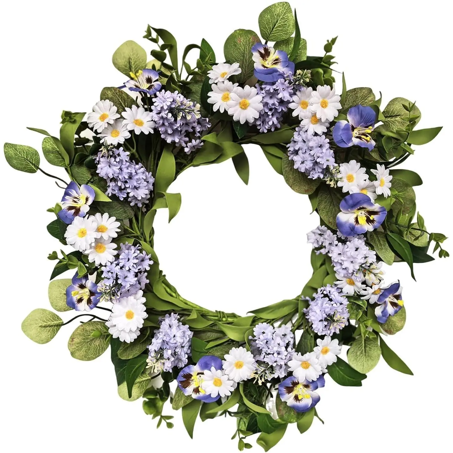 20 Inch  Artificial Lilac Daisy Pansy Wreath - Floral Wreath with Greenery for Front Door Wall Window, Spring Summer Indoor Outdoor Decor