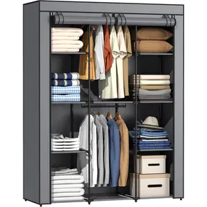 Portable Wardrobe Closet with 10 Storage Shelves & 2 Hanging Rods, Non-Woven Fabric Cover, 52.4" x 18.1" x 66.6" Bedroom Closet Organizer, Gray