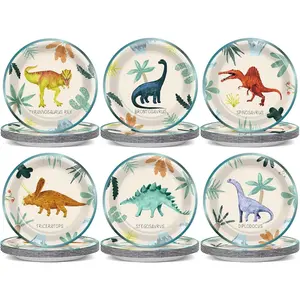 60 PCS Dinosaur Theme Birthday Party Paper Plates Dinosaur Birthday Decorations 7 Inch Dino Design Paper Dessert Plates Colorful Watercolor Dino Plate for Kids Summer Party Baby Shower Supplies