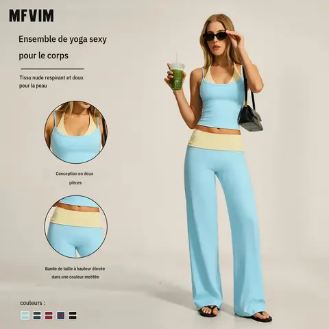 MFVIM Women's 2-Piece Yoga Workout Set for Females - Color-Block Sleeveless Halter Sports Tank Top with Built-In Bra Pads + Wide-Leg Fitness Pants with Foldover Waistband, Sexy Backless Gym Workout Apparel