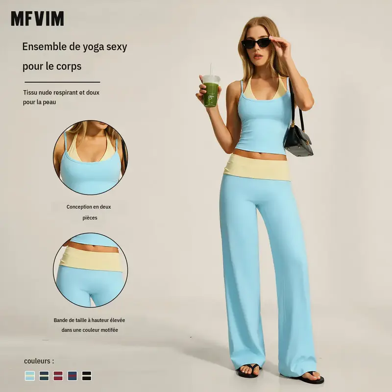 MFVIM Women's 2-Piece Yoga Workout Set for Females - Color-Block Sleeveless Halter Sports Tank Top with Built-In Bra Pads + Wide-Leg Fitness Pants with Foldover Waistband, Sexy Backless Gym Workout Apparel