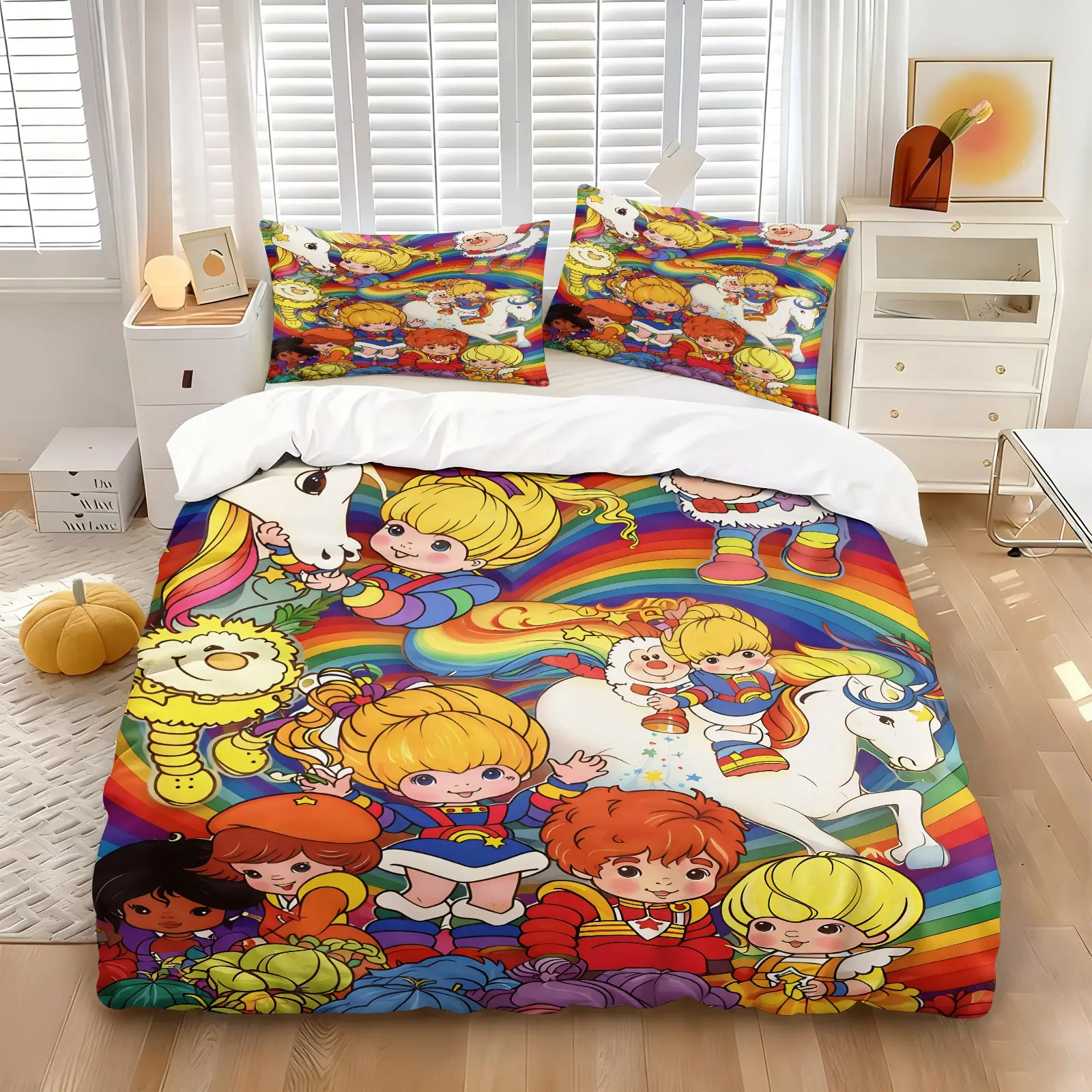 Nostalgic 80s Retro Rainbow Fairy Aesthetic Duvet Cover Set & 1-2 Coreless Pillowcases, Soft Breathable Skin-Friendly Colorful Cartoon Bedding, Cozy Bedding Set, All Season Use, Ideal For Nostalgia Lovers And Kids Bedroom Decoration