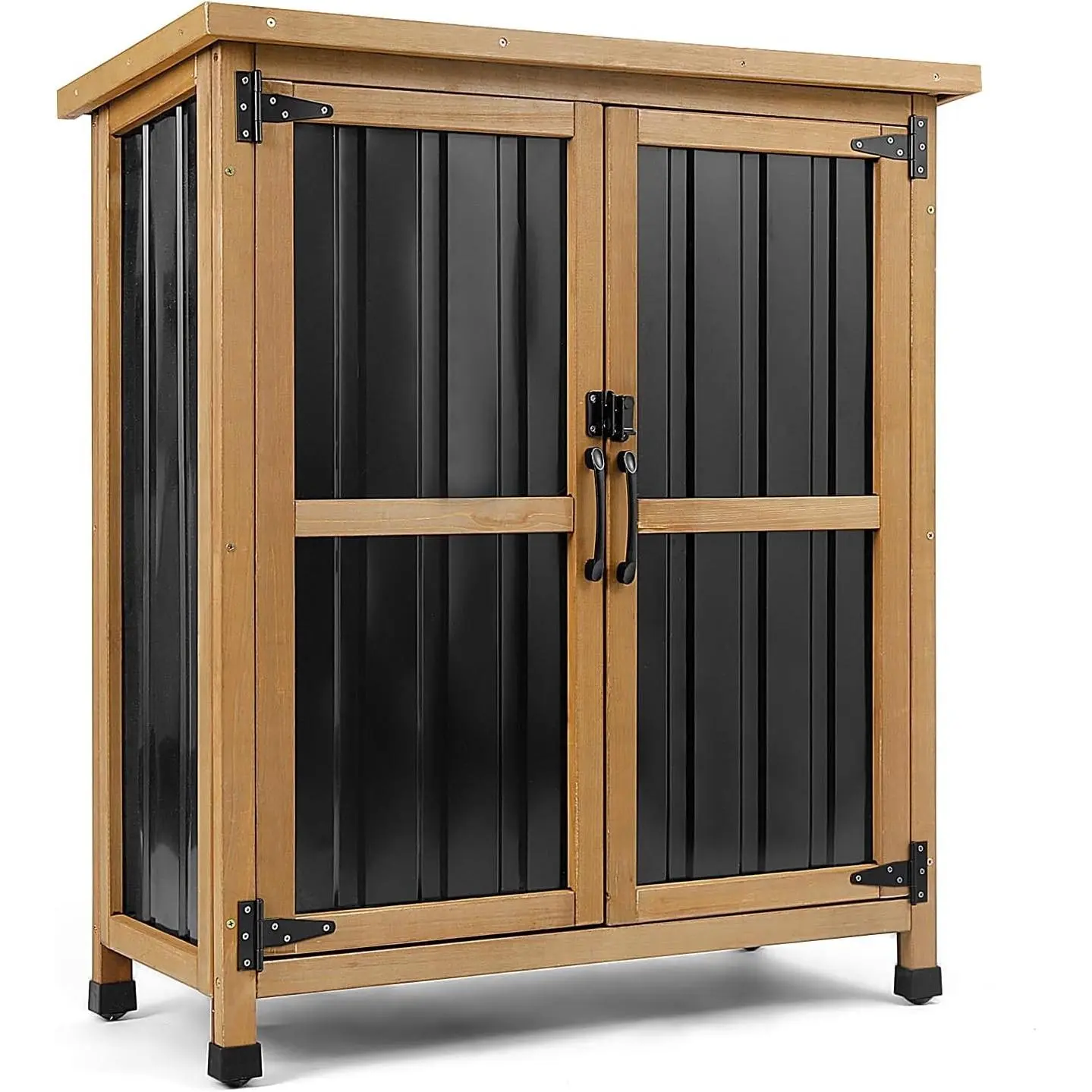 Weatherproof Outdoor Storage Cabinet with Lockable Doors, Wood & Metal Garden Storage Shed Patio Storage Box for Tools & Lawn Equipment, Pool Accessories