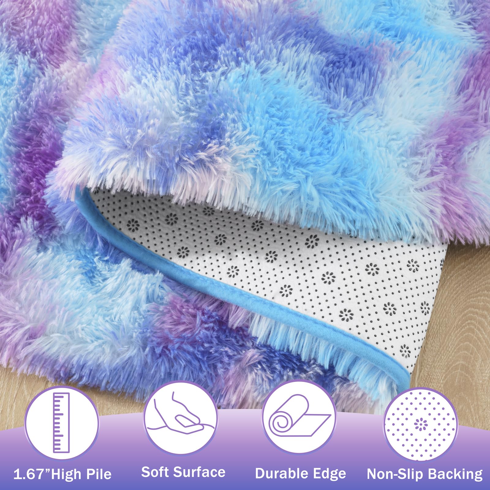 Round/Oval Rug Fluffy Soft Area Rugs for Princess Castle Plush Shaggy Carpet Cute Circle Nursery Rug for Kids Girls Bedroom Baby Room Home Decor Circular Carpet,Rainbow,Pink-purple,Blue-purple,2x5, 2.6x5.2,5x5, 6x6 Feet