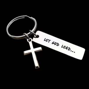 Inspirational Cross Keychain for Men Women • Let God Lead Engraved Keyring Christian Faith Religious Jewelry Gift for Baptism Confirmation