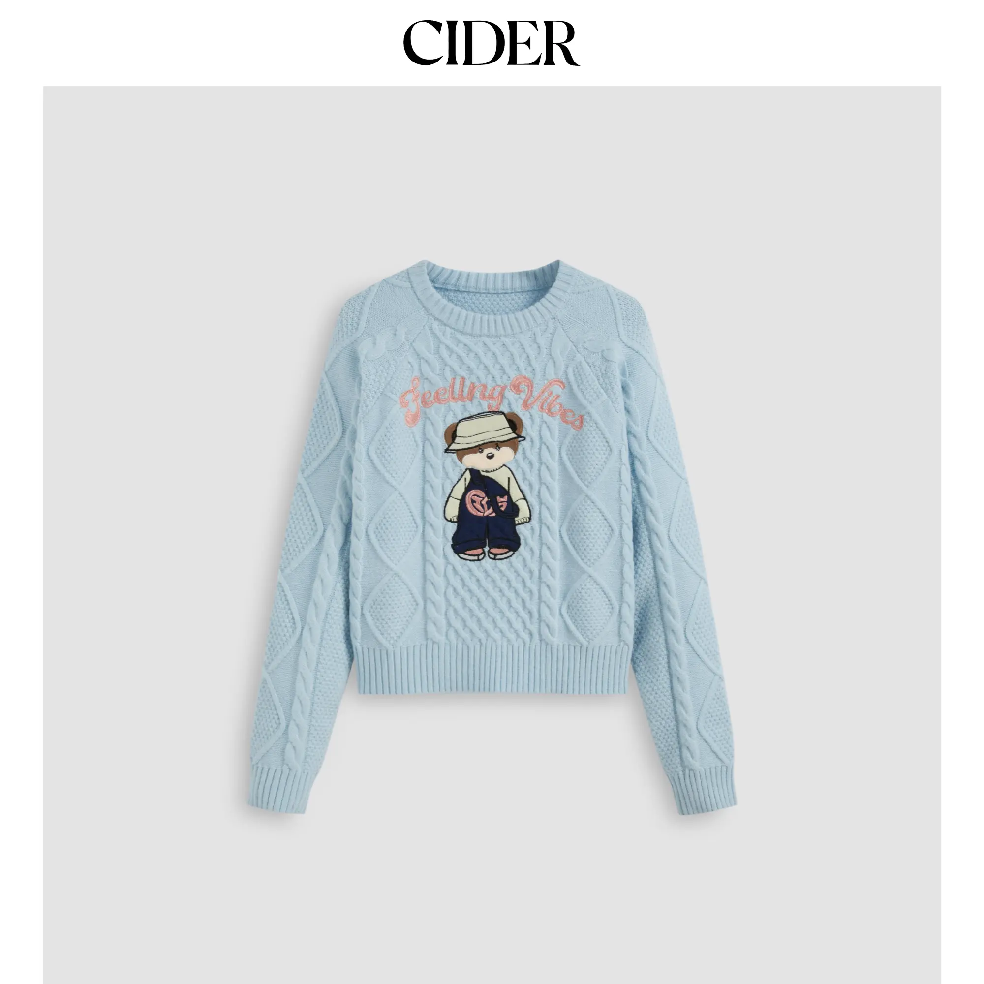Cider [size 2-26] FEELING VIBES Cable Knit Round Neckline Bear Long Sleeve Top