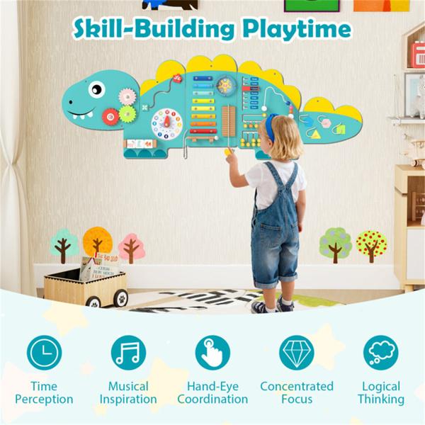 11-in-1 Dinosaur Activity Wall Busy Board Panels-- Wooden Sensory Toy-Green