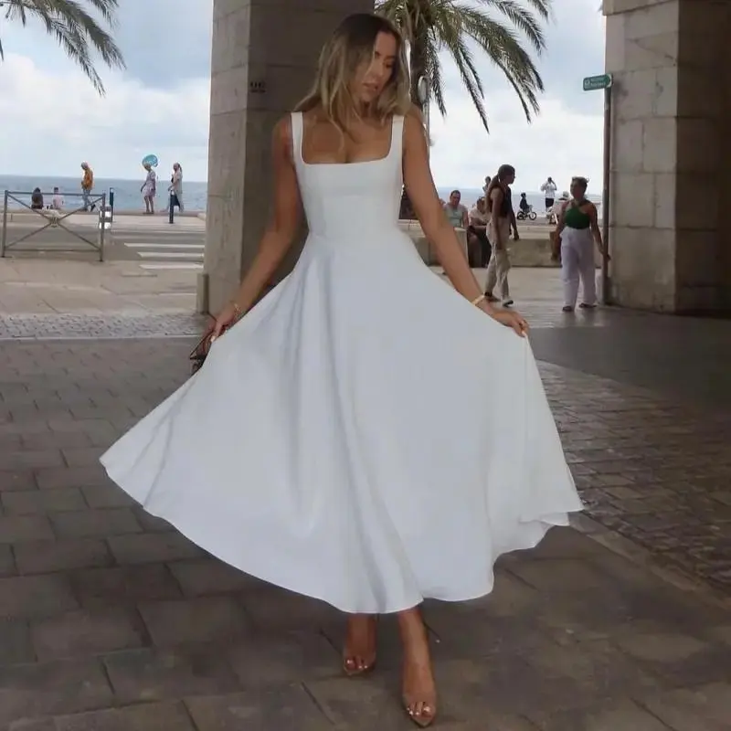 Women's Elegant Square Neck Sleeveless Waist-Cinching Strap Dress Casual Womenswear Summer Basic