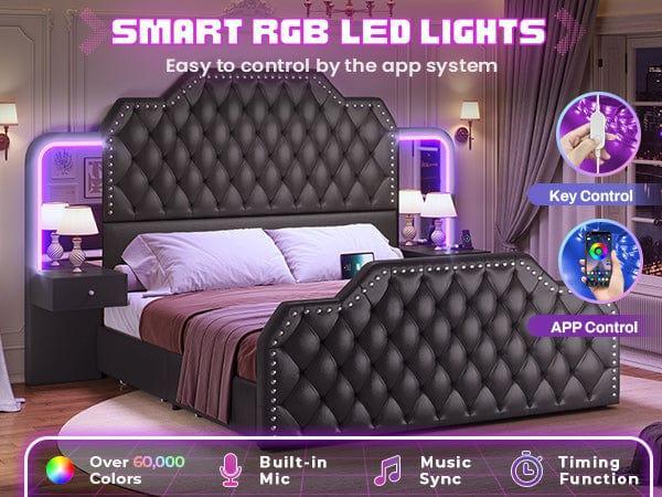 Sikaic PU Leather Upholstered Led Bed Frame with Storage Drawers Outlets & Nightstands Black Modern Wooden Headboard Diamond Tufted Headboard