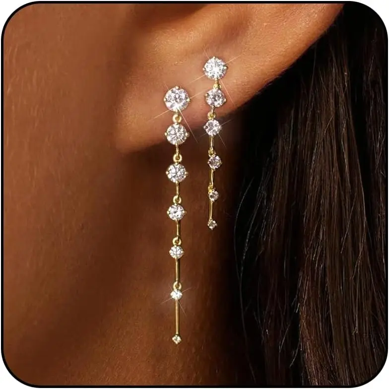 14K Gold Plated Dangle Earrings for Women Dainty Silver Drop Earring Trendy Long Dangling Wedding Bridesmaid Hoop Diamond Crystal Cute Earring Prom Jewelry Graduation Gifts
