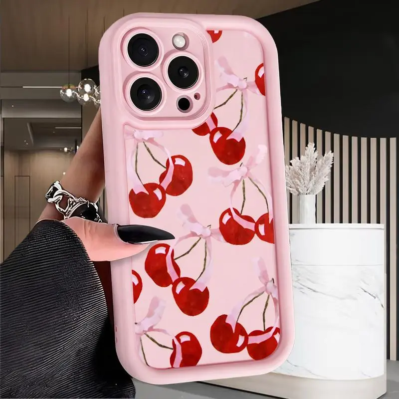 Red Cherry Ribbon Case For IPhone (17 Pro Max/16/15/14 Plus/13/12 Mini/11/X/XS/XSMAX/16E/17Air) Drop Protection Shockproof Soft Silicone Smartphone Cover Protective Casing, Ideal Birthday Gift