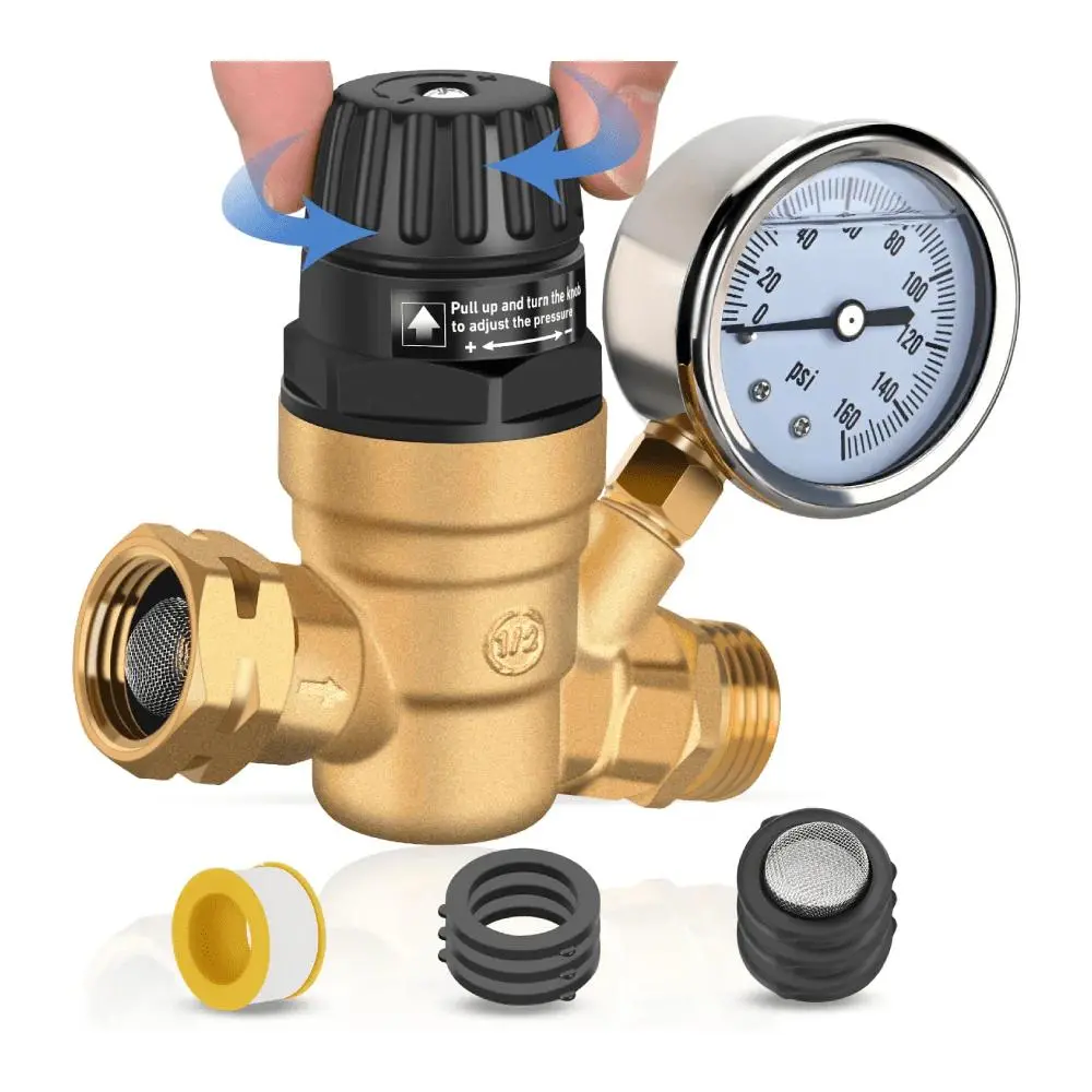 Nilight Heavy Duty Metal RV Water Pressure Regulator with Hose, Brass Construction, Oil-Filled Gauge, Tool-Free Control, Handwheel Handle Adjustment, Double Inlet Screen Filter for Motorhomes (Father's Day Gift Option)
