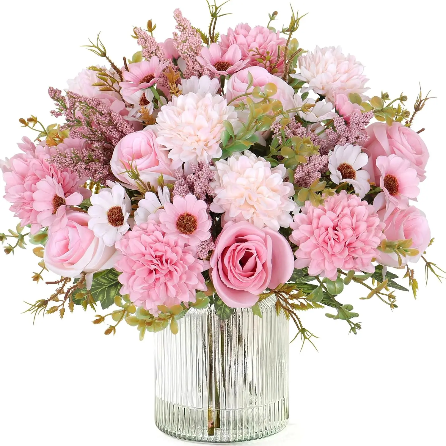4 Pack Artificial Flowers Like Real Artificial Bouquet Silk Artificial Roses Bouquet Faux Flower Centerpieces with Daisy Chrysanthemum Pink Flowers for Centerpiece Table Wedding Party Home Spring Decor