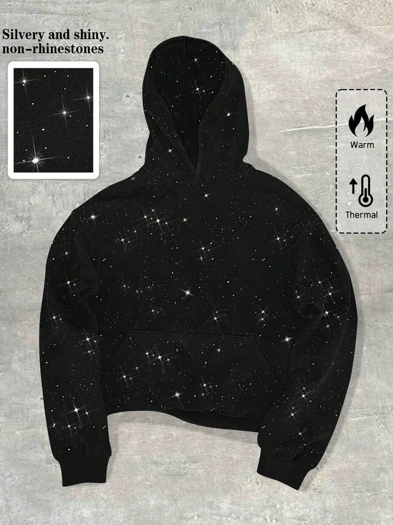 Sparkling Silver Short Hooded Sweatshirt, Fleece-lined, Warm, Loose Fit, Unisex, American Style, Trendy, Everyday, Street Fashion, Commuting, Outfit, Y2K