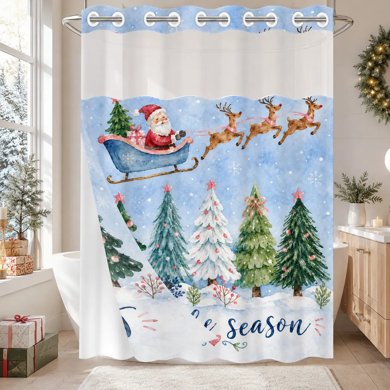1PC 2D Flat Watercolor Santa Sleigh, Reindeer, Christmas Tree & Snowflake Pattern Double-Layer Woven Shower Curtain, No Hooks, Transparent Top Window, Removable Snap-On Liner, Festive Winter Bathroom Art Decor, Christmas & Holiday Decoration