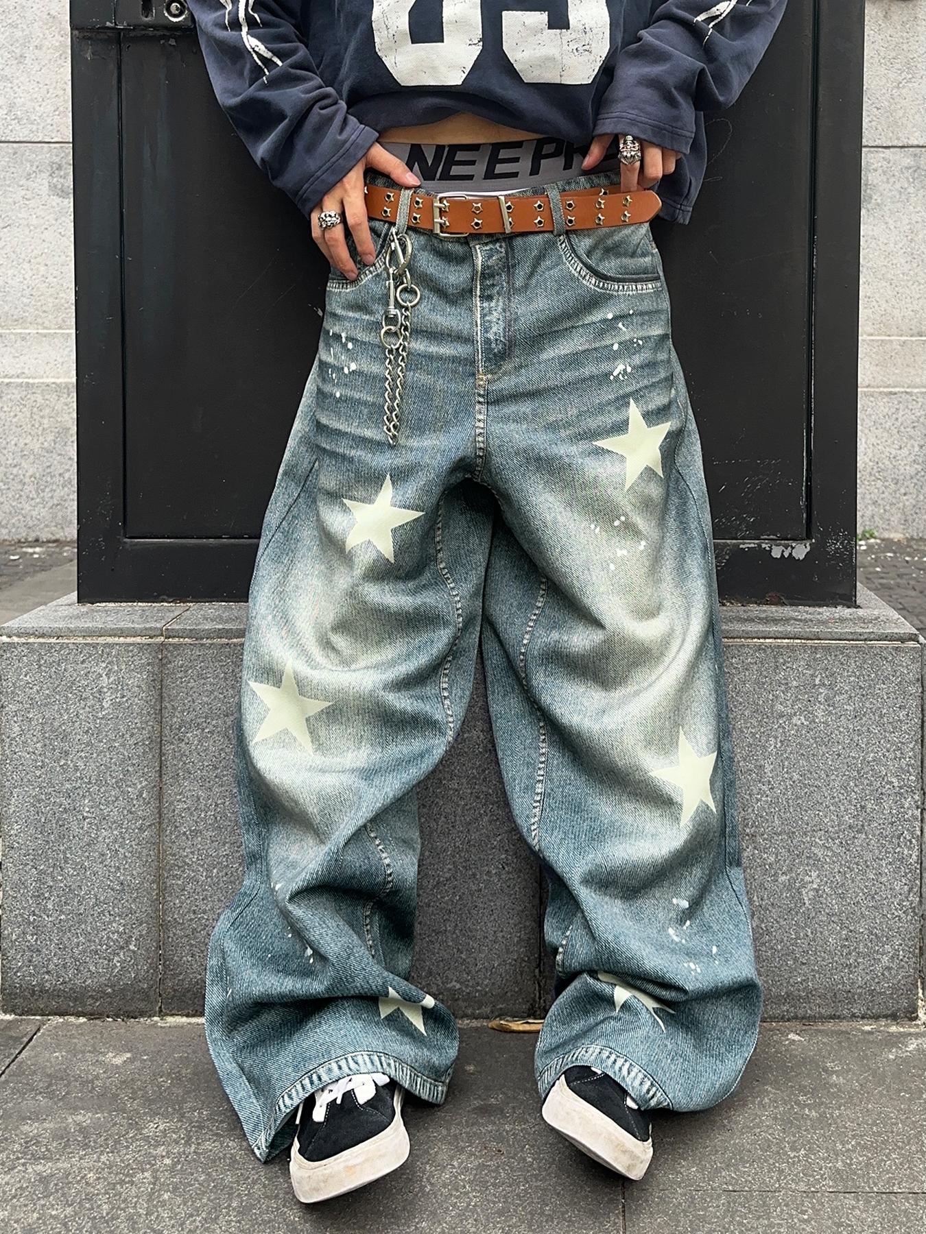 Men's Star Patched Denim Effect Print Pocket Wide Leg Pants, Loose Street Fashion Casual Pants for Daily Wear, Men's Bottoms for All Seasons, Casual Comfy Pants, Star Print Pants, Ripped Streetwear