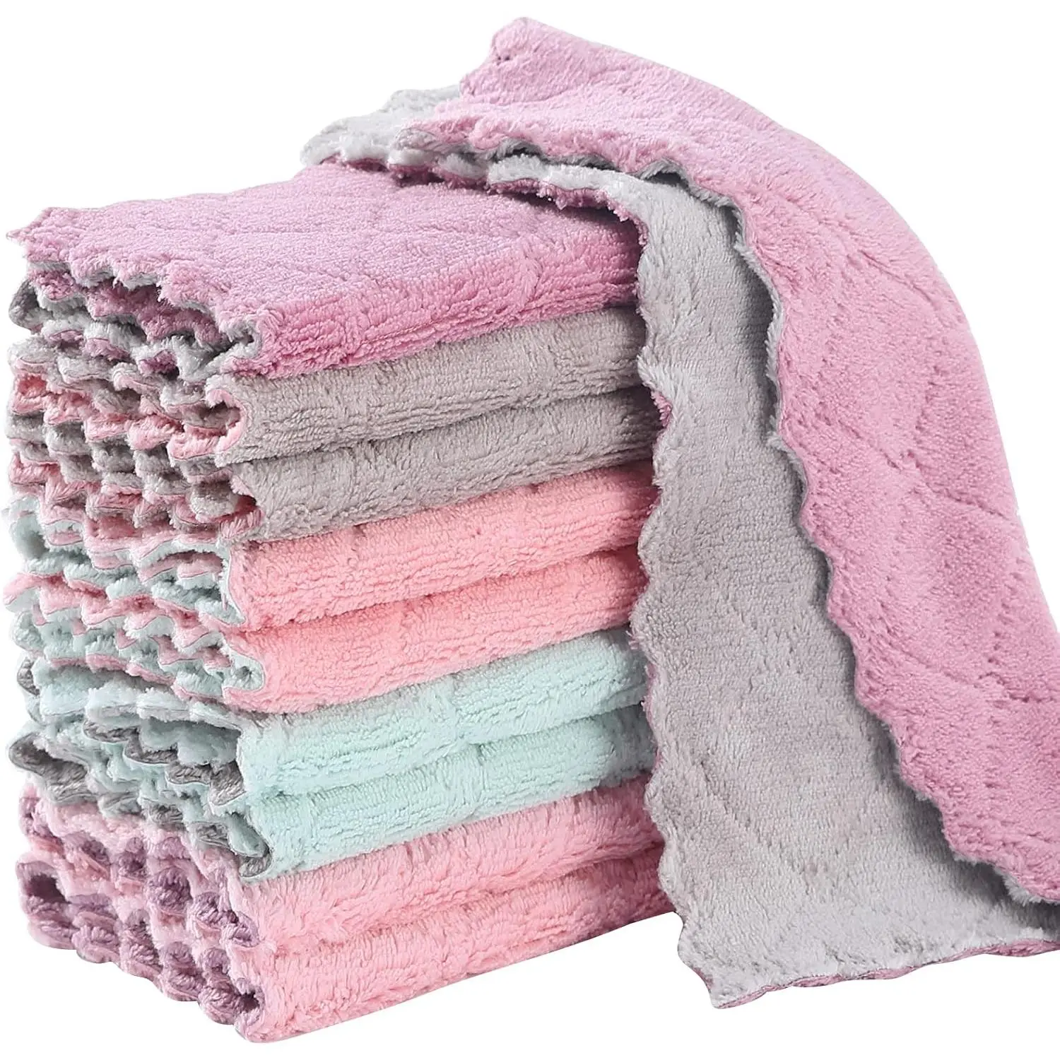 10Pack Kitchen Cloth Dish Towels,Super Absorbent Coral  Dishtowels,Nonstick Oil Washable  Drying,Double-Sided Dish Towel, for Table Dish Glass  Paw(5Colors)