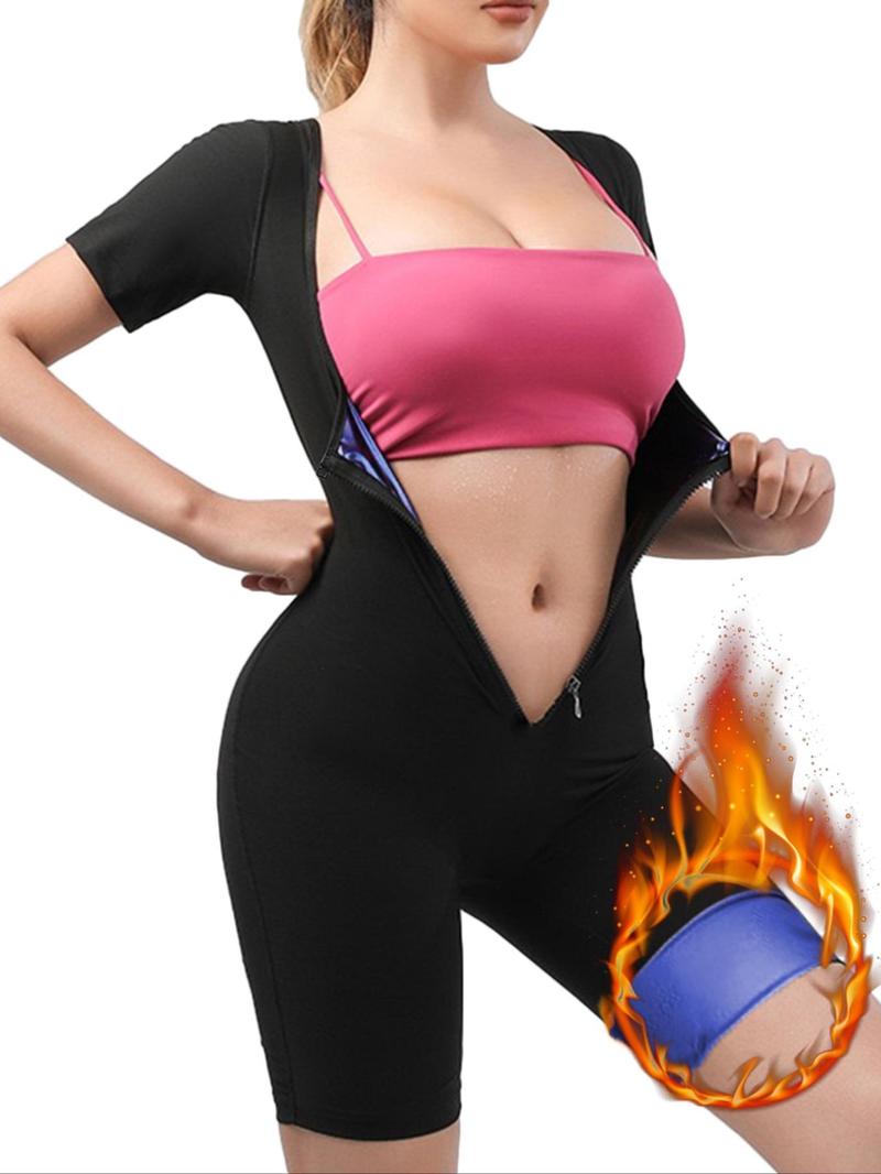 Women's Plain Zip Front Sports Shapewear Romper, Summer Clothes, Sporty Tight-fit Tummy Control Short Sleeve Shapewear Jumpsuit, Ladies Sauna Clothes for Workout Gym Exercise Fitness, Fitness Sport Outfits, Womenswear