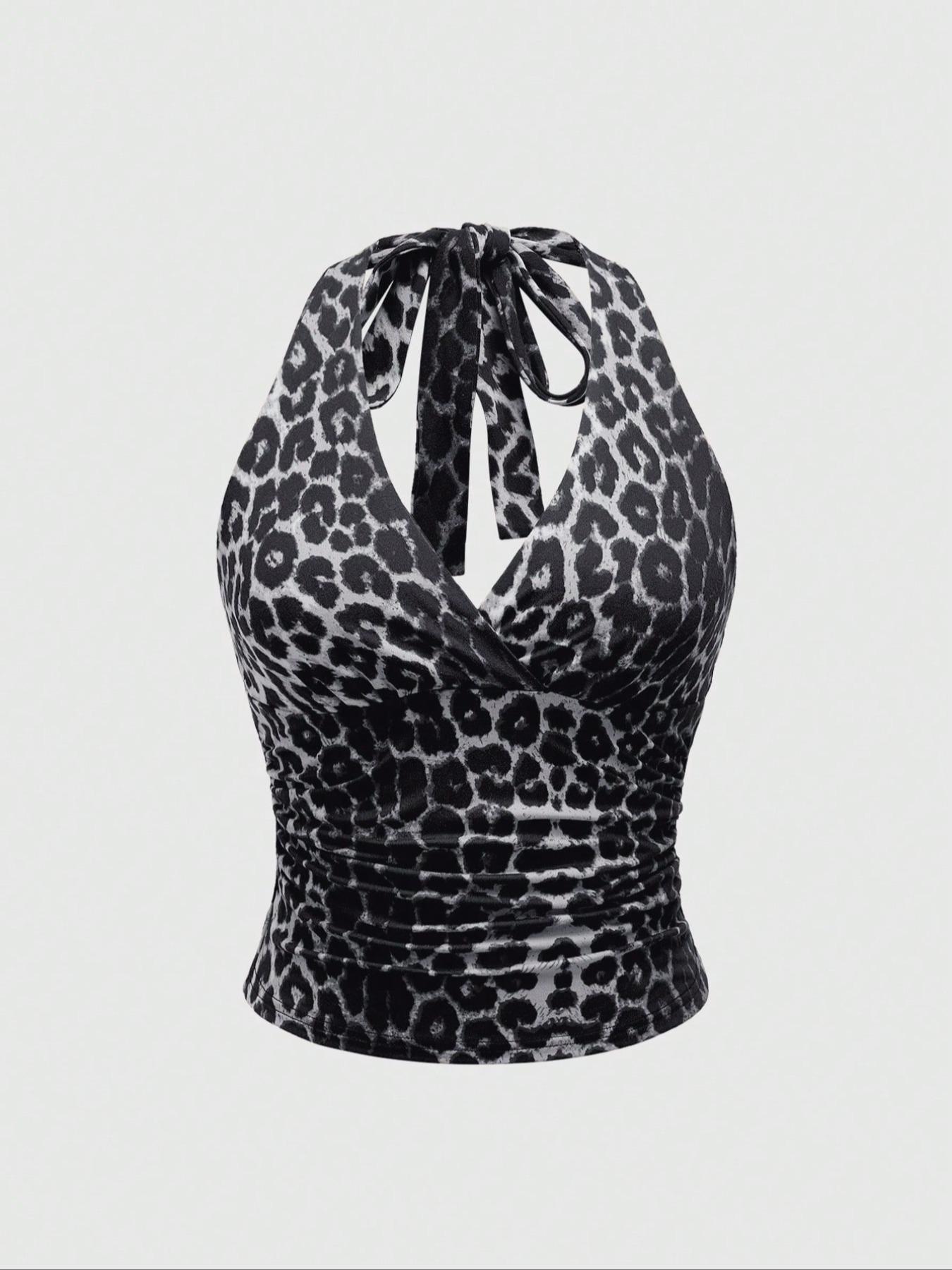 Women's Leopard Print Fitted Tie Back Feature Tank Top, Casual Sleeveless Top for Summer, Ladies Clothes for Daily Wear