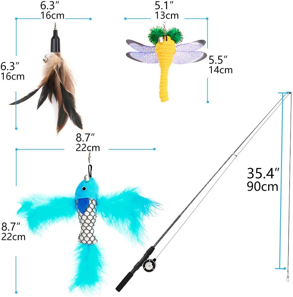 Cat Feather Toys, 4 Pack Interactive Cat feather Teaser Wand Toys, Retractable Fishing Pole Wand Catcher Exerciser with Refill Fish, Dragonfly Worm with Bells, Fun Cat Kitten Kitty Playing Toy