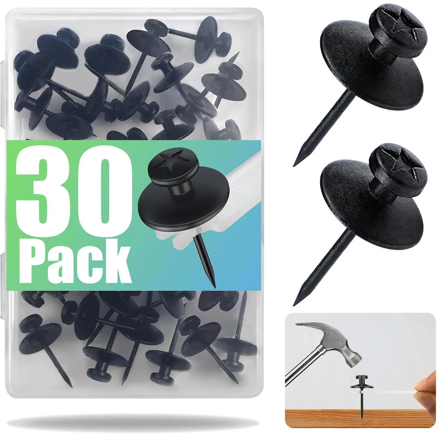 30-Pack Lightweight Zinc Alloy Black Double-Headed Push Pins - Renters'-Friendly Thumb Tacks with Mini Hooks for Photo Installation, Ideal for Dorm, Office (Modern Metal Fasteners)