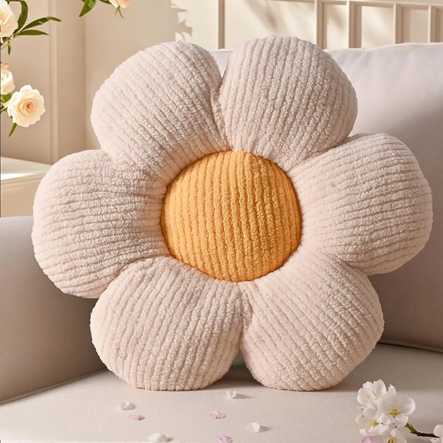 Flower Pillows, Cute Daisy Shaped Throw Pillow, Small Cream Yellow Floor Cushions for Gifts, Kids Decorative Pillows for Living Room Sofa Bedroom Bed, 15.7x15.7 Inch