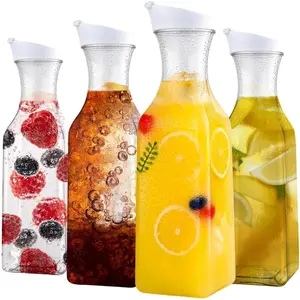 Set of 4 Plastic Carafe with Lid, 50 Oz Carafes for Mimosa Bar, Square Base Juice Containers, Water Bottle, Milk Container, Clear Beverage Containers for Fridge- HAND WASH ONLY