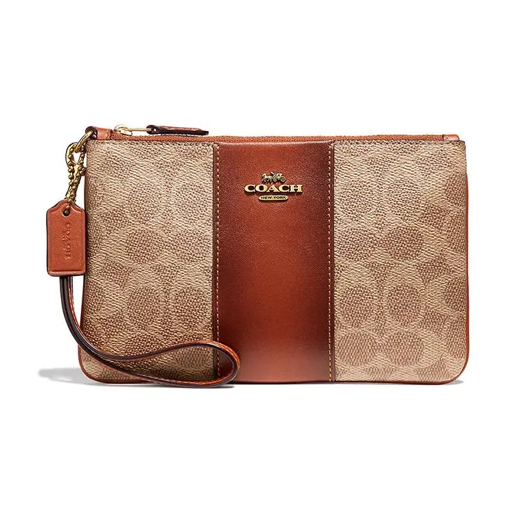 COACH Wristlet 19 Handbag for Women – Monogram Metallic Logo Canvas and Leather, Mahjong Style, Red-Brown