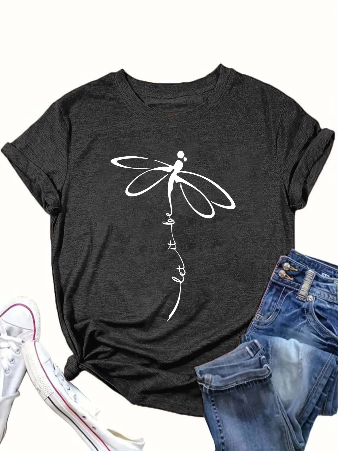 【Plus Size】 Dragonfly Print Round Neck Tee, Casual Short Sleeve Crew Neck T-shirt for Summer, Women's Clothing for Daily Wear
