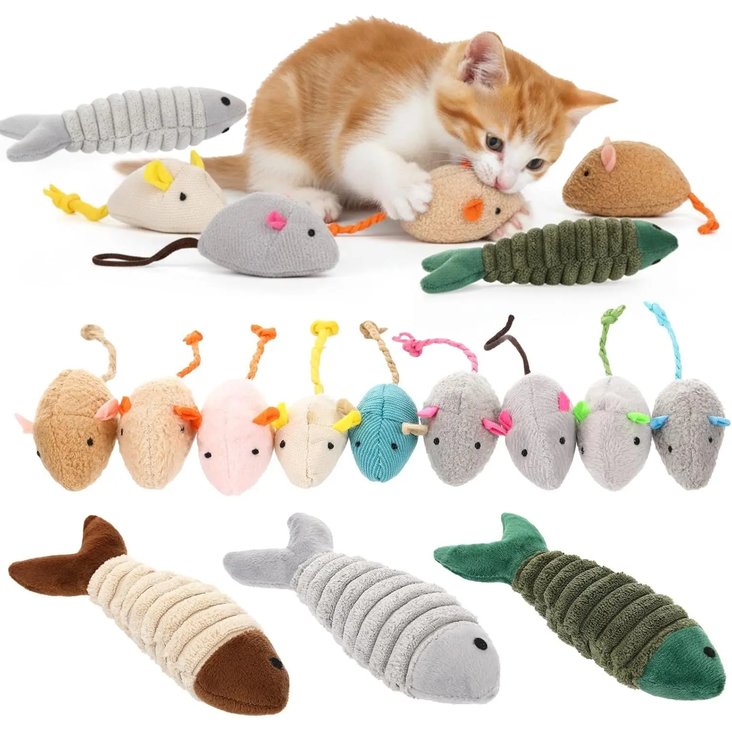12 Pack Cat Toys Bulk Plush Cat Mice Fish Toys Set Mouse Dog Toy for Indoor Kittens Puppies to Eliminate Boredom, Multicolored, Not Filled Catnip(Plush Fish)