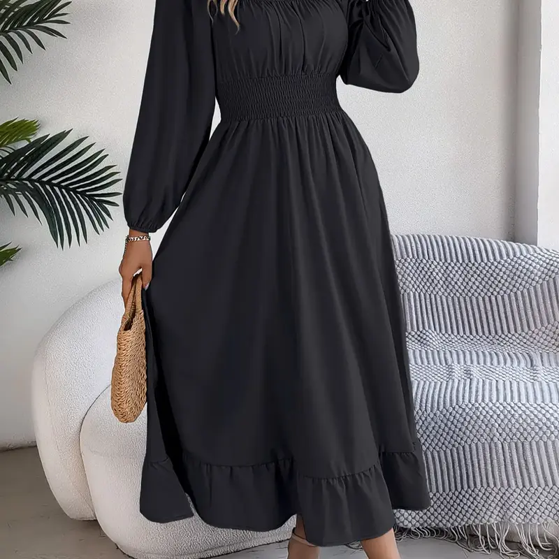 Women's Plain Ruched Ruffle Hem Shirred Fitted A Line Dress, Casual Dresses, Boho Style Bishop Sleeve Square Neck Long Dress for Spring & Fall, Ladies Clothes for Daily Casual Outdoor, Casual Beach Dress