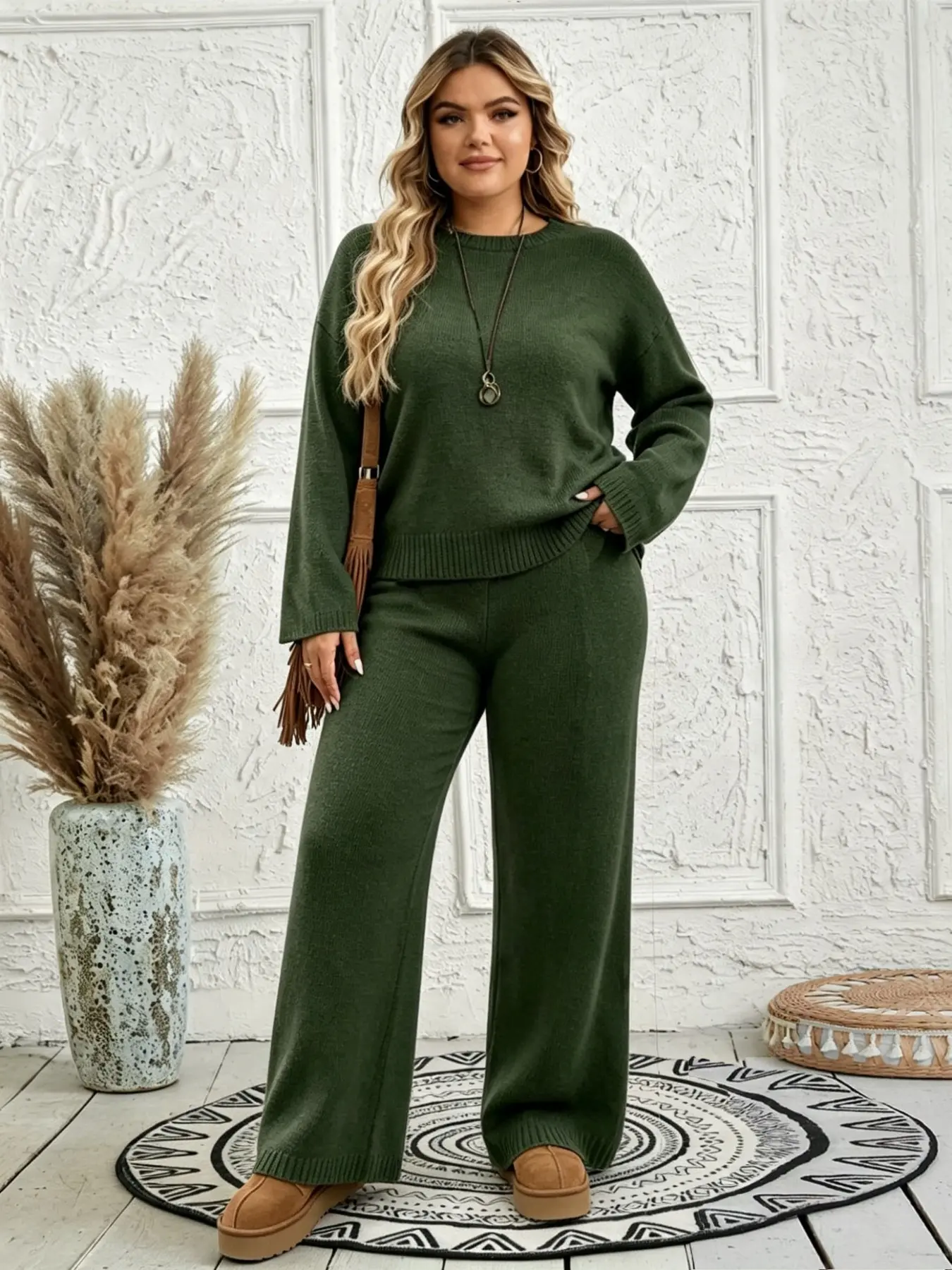 【Plus Size】 Two-Piece Set Solid Mock Neck Long Sleeve Drop Shoulder Split Hem Sweater & Straight Leg Pants, Casual Fashion Cozy Loose Knitwear Set for Daily Outdoor Wear, Women Clothing for Fall & Winter