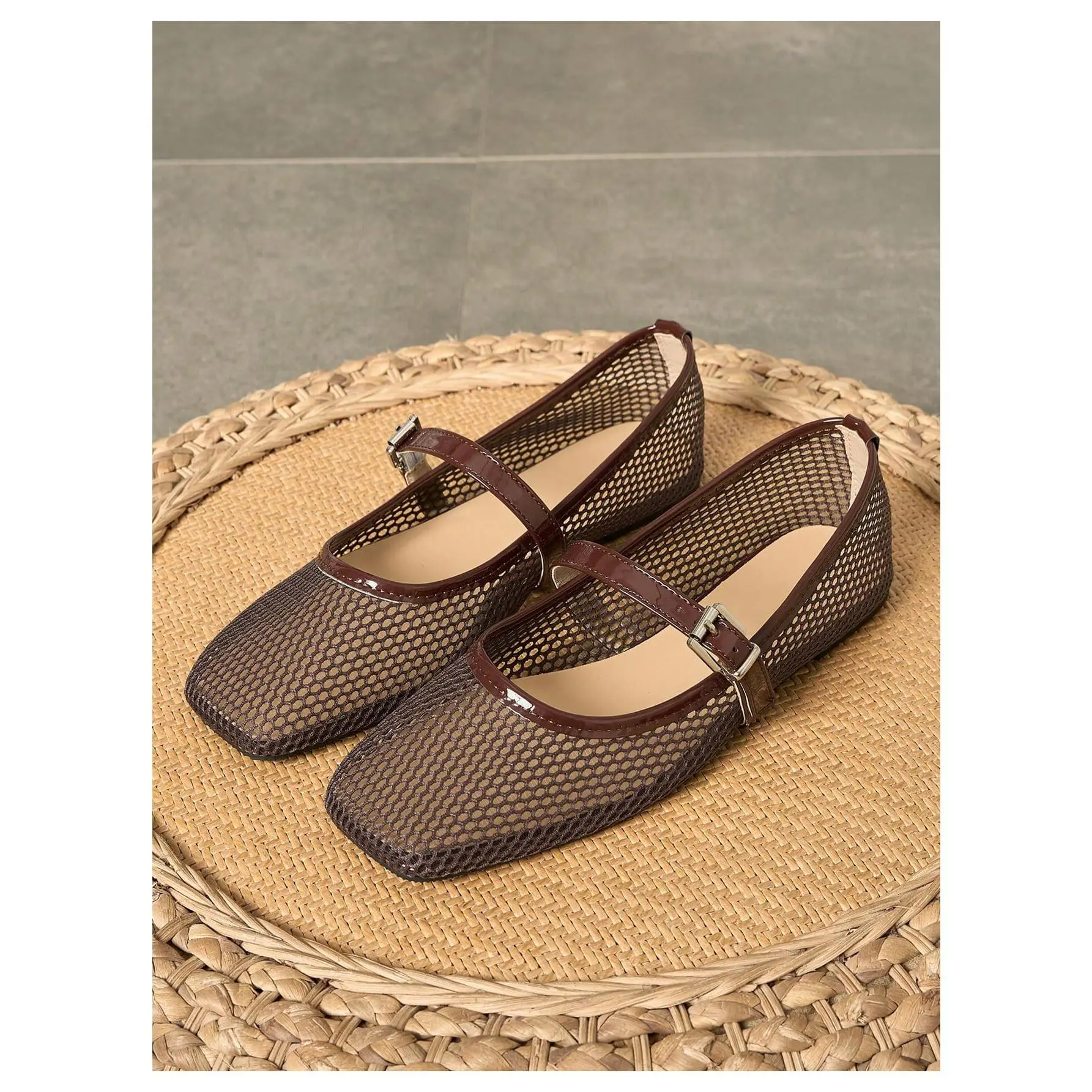 Lace Mesh Ballet Flats Comfortable Summer Dressy Flats Square Closed Toe Shoes
