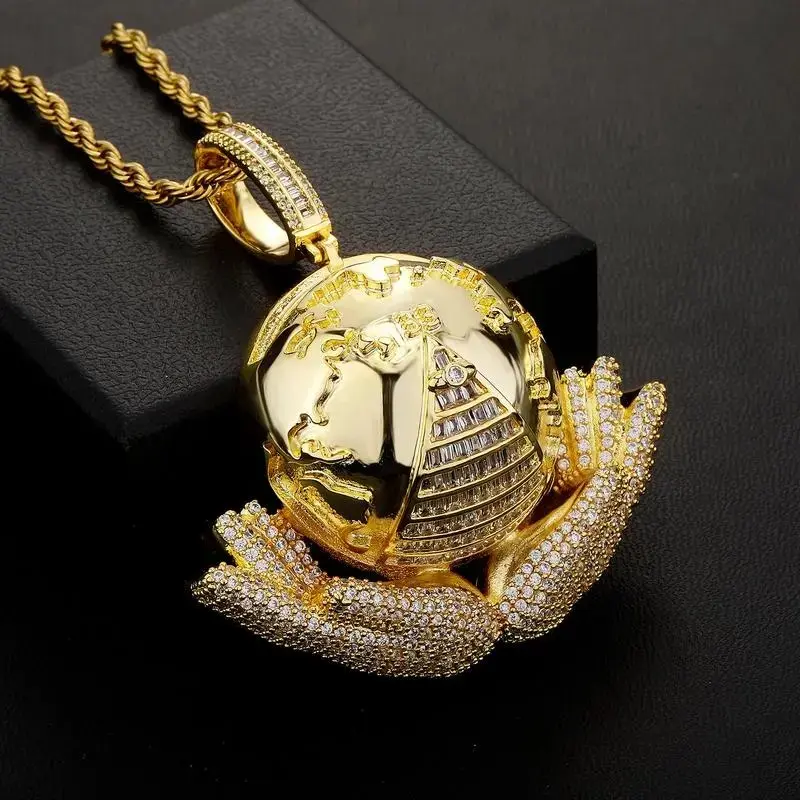 Hip hop new hand earth pendant copper inset 5A zircon 100 fashion brand men's metal necklace
