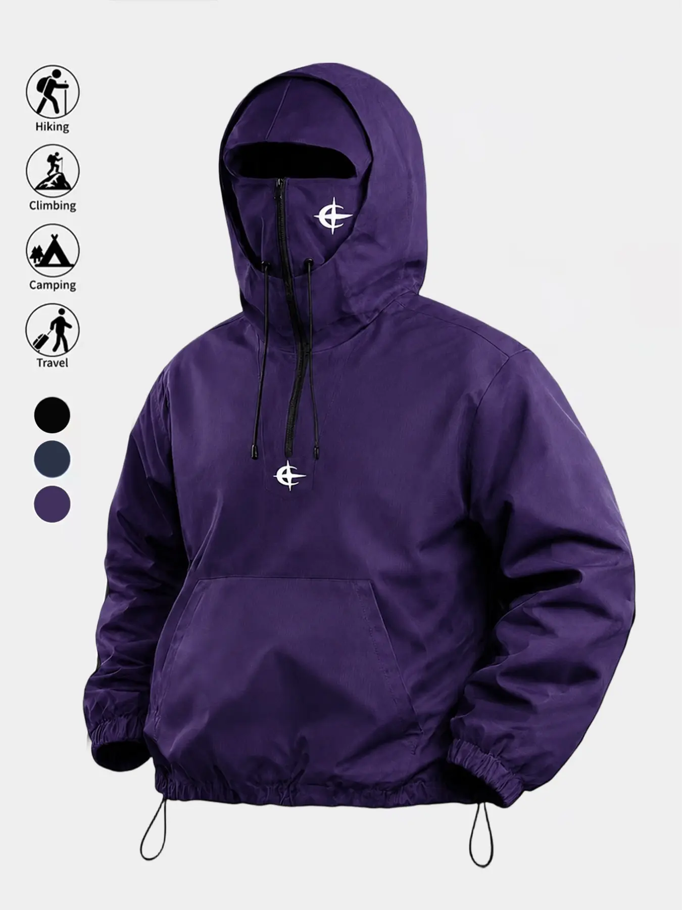 Men's Outdoor Windproof Hooded Jacket, Half-Zip Face Mask Design, Fashion Star Print, All-Season, Drawstring Waist, Casual Long Sleeve