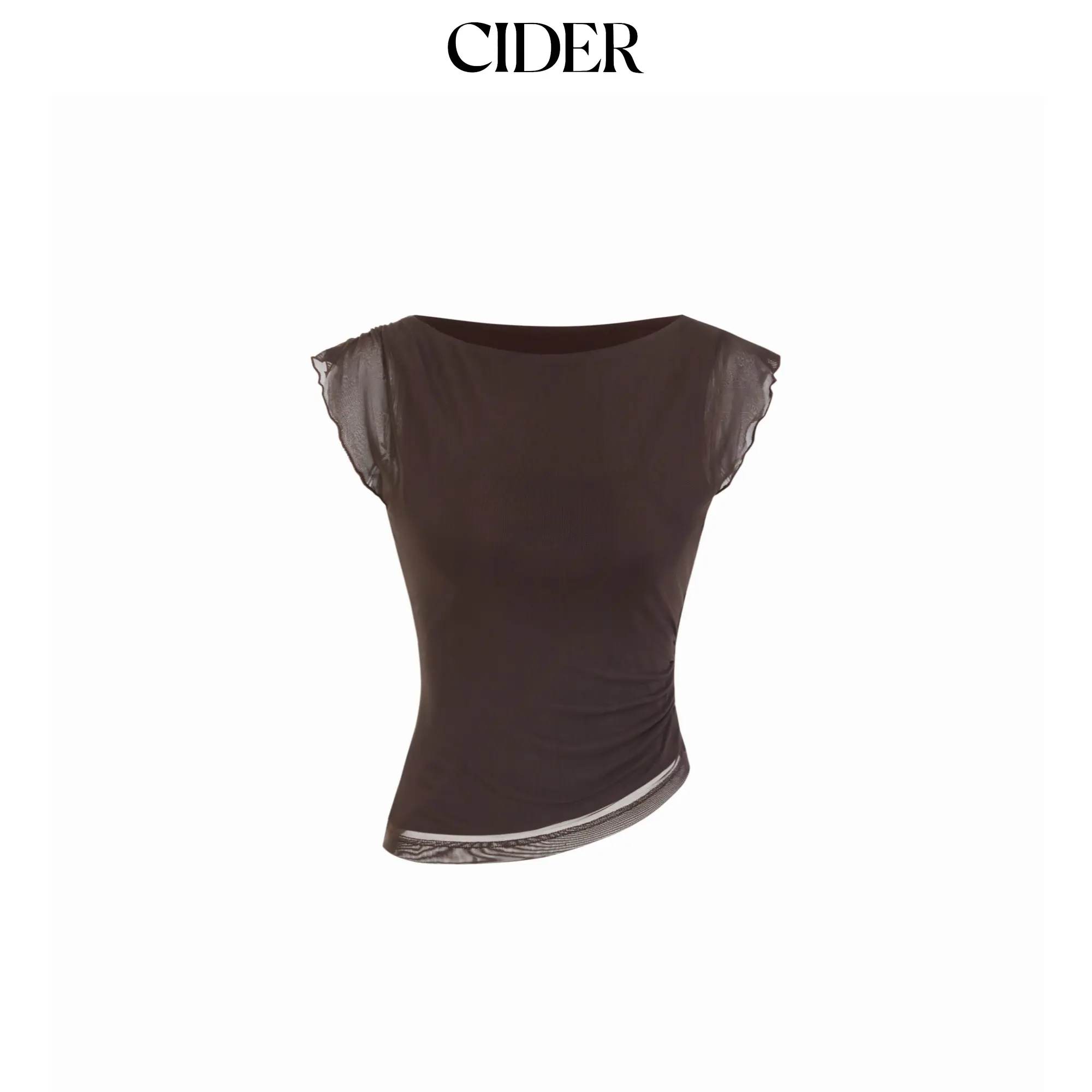 Cider Mesh Boat Neck Lettuce Trim Ruched Top