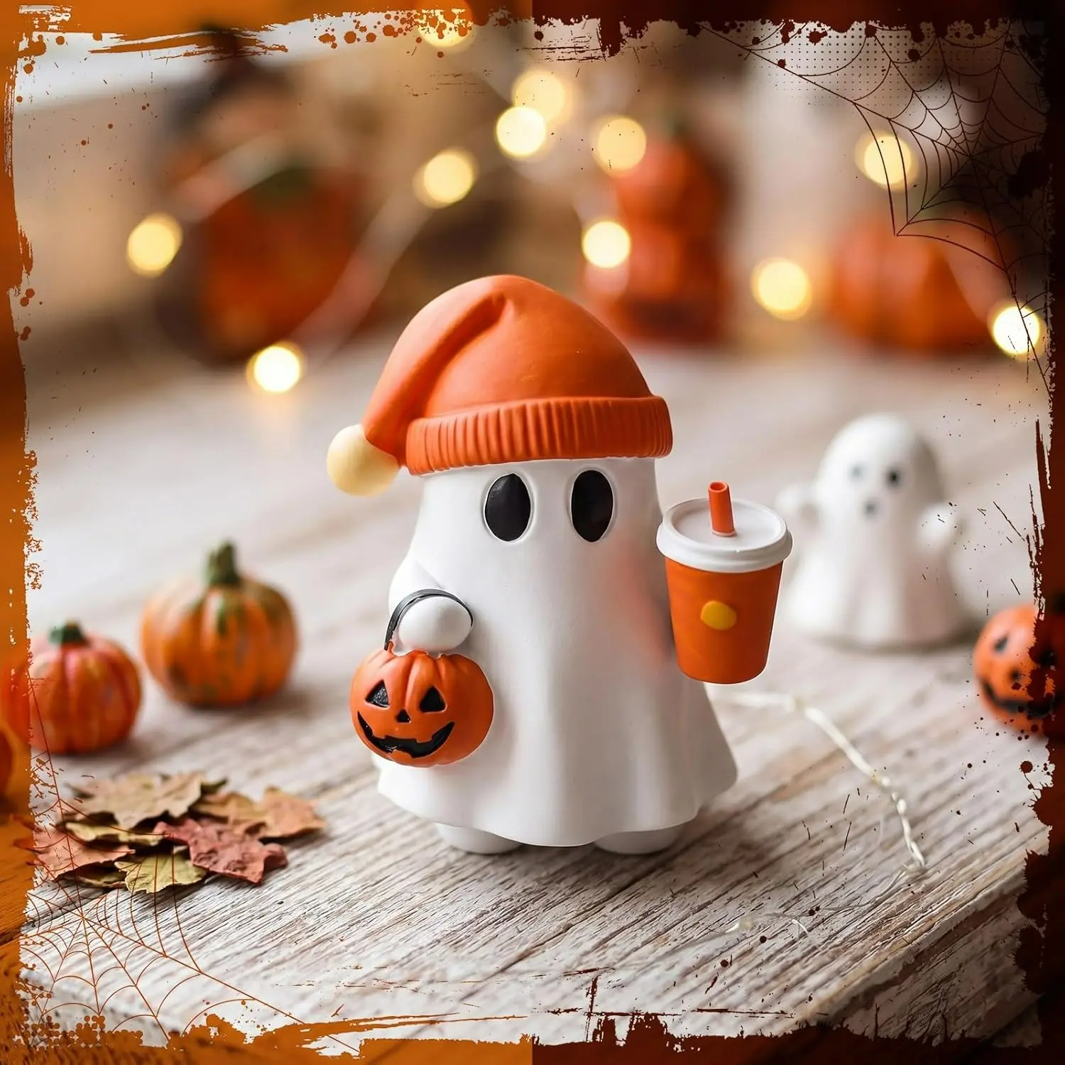 Cute Halloween Ghost Statue with Pumpkin Bucket and Drink Resin, Desktop Decor for Home Office Bookshelf Coffee Table, Halloween Gift