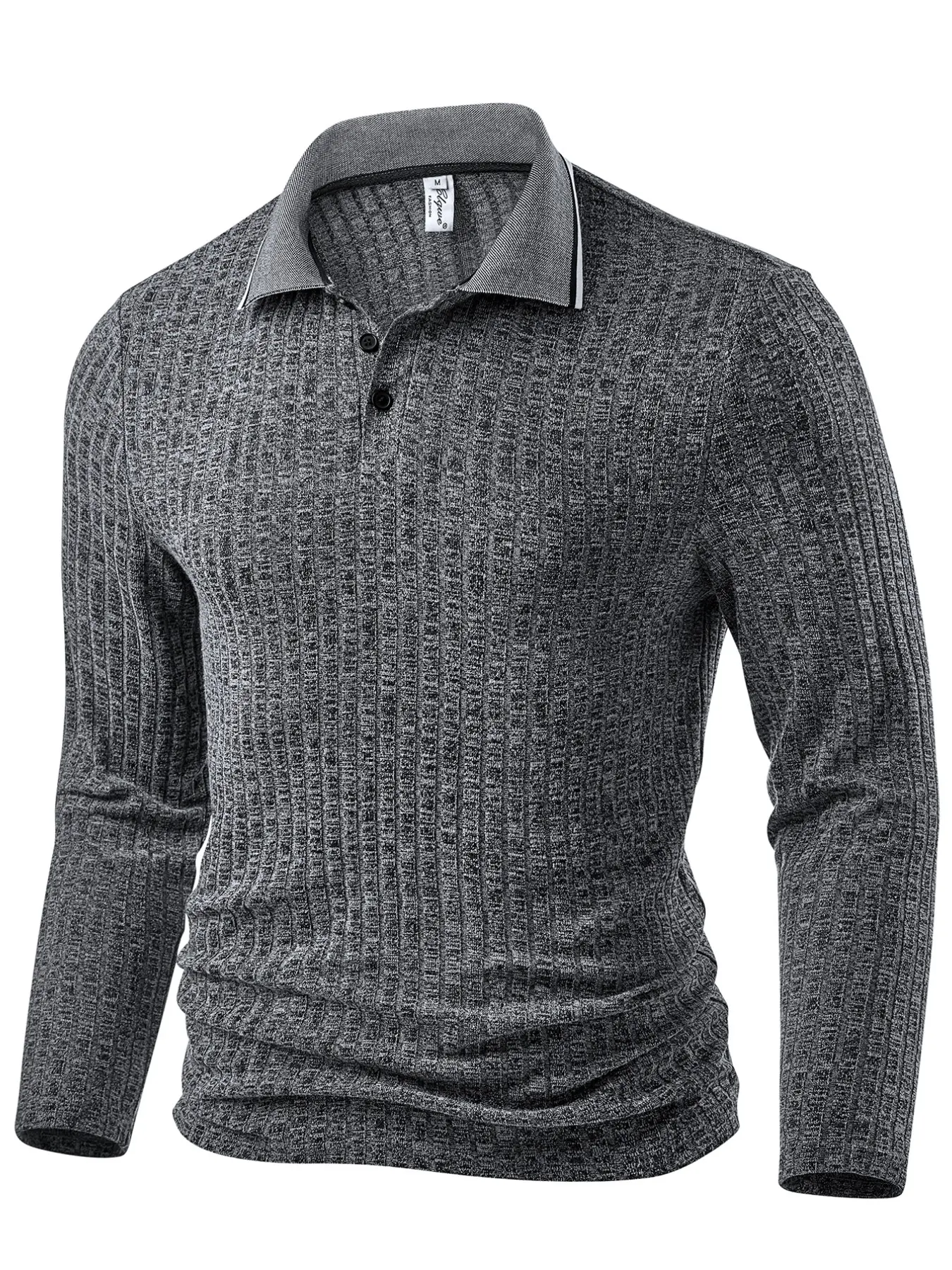 Men's Business Casual Fitted Long Sleeve Polo Neck Sweater, Comfortable Textured Knit Turn-Down Collar Top, Daily Commute Pullover