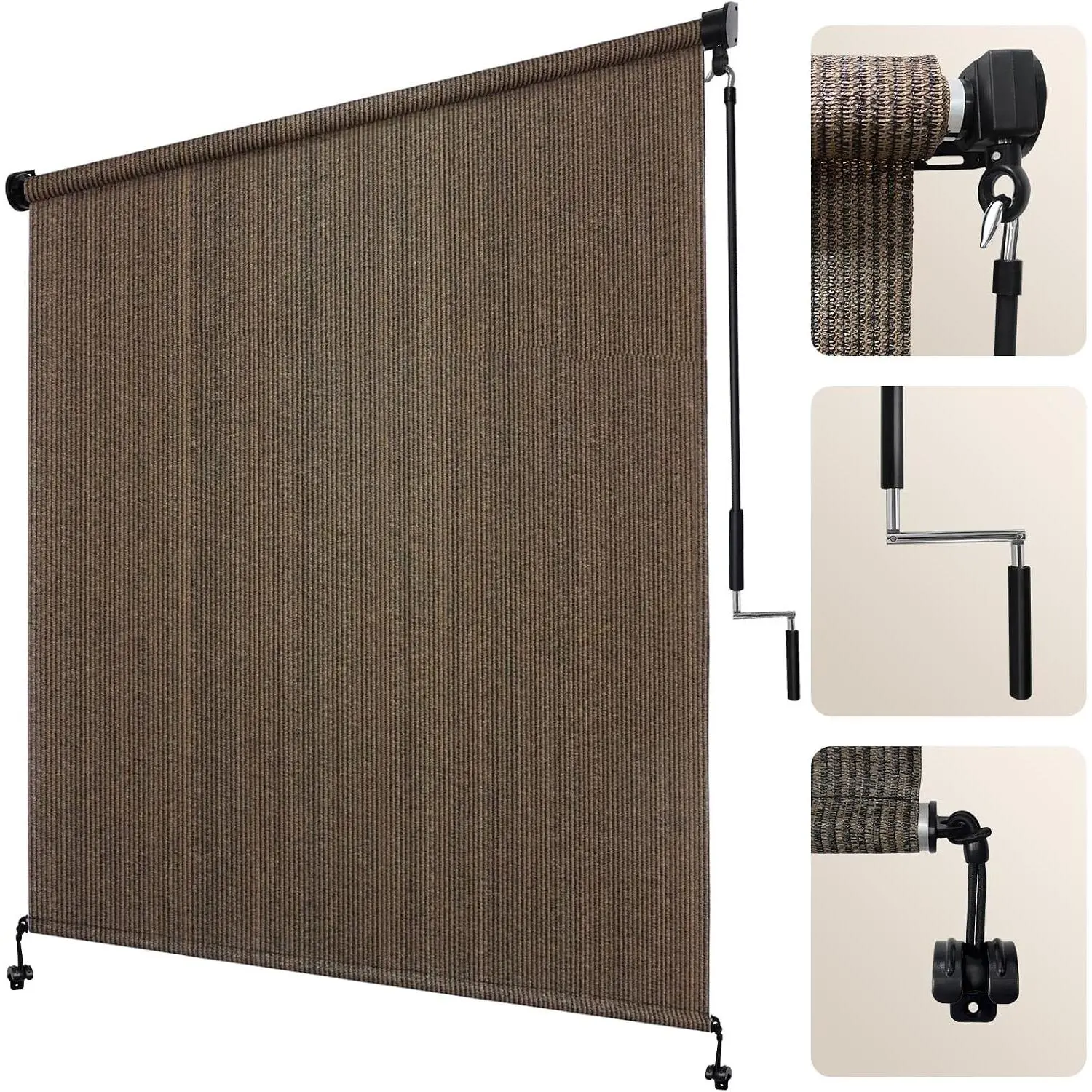Outdoor Roller Shade 8' W x 8' H, Mocha Exterior Cordless Patio Shades Roll Up Blinds with Spliced Pole Design, (2 Poles, One-Piece Fabric)