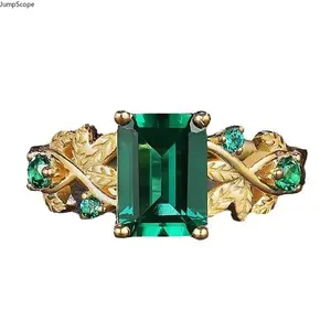 Twisted Vine Leaf Accent Emerald Green Solitaire Wide Face Ring, Ideal For Proposal Styling, Formal Occasions, Vintage Outfits & Luxury Romantic Meaningful Sentimental Gifts for Her
